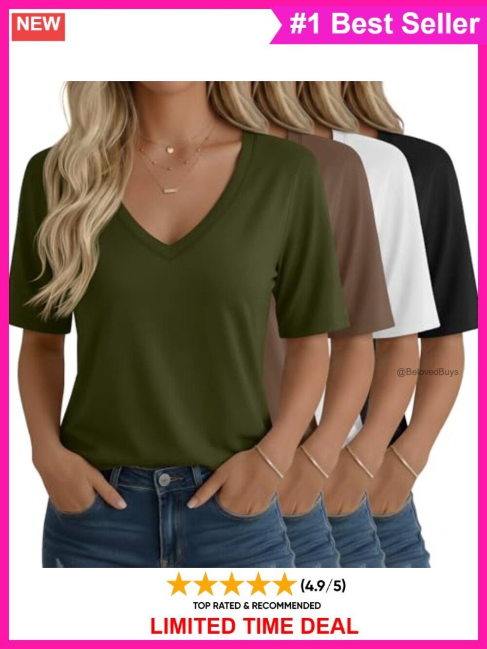 Women's V-Neck Half Sleeve T-Shirts Casual Loose Fit 4 Pack